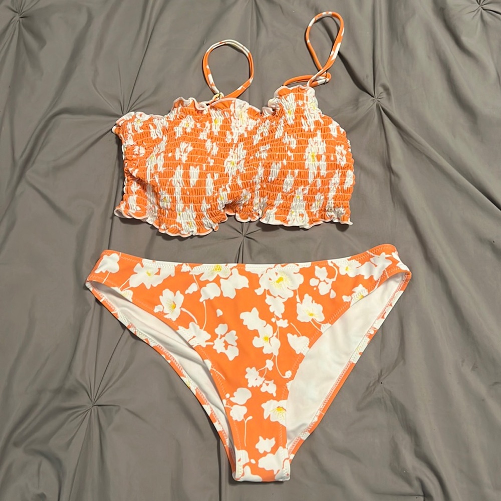 Coral floral bandeau bikini